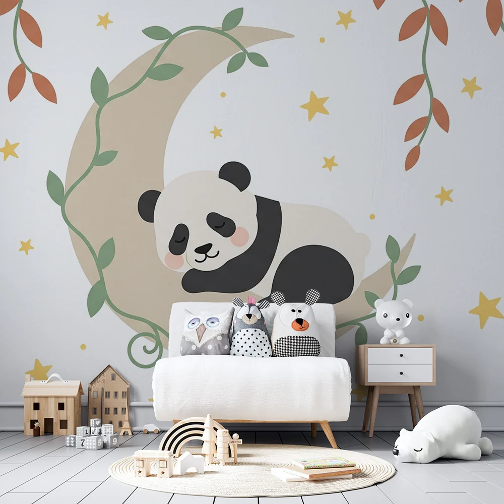 Tapety dla dzieci | Śpiący panda na księżycu z piękną roślinnością