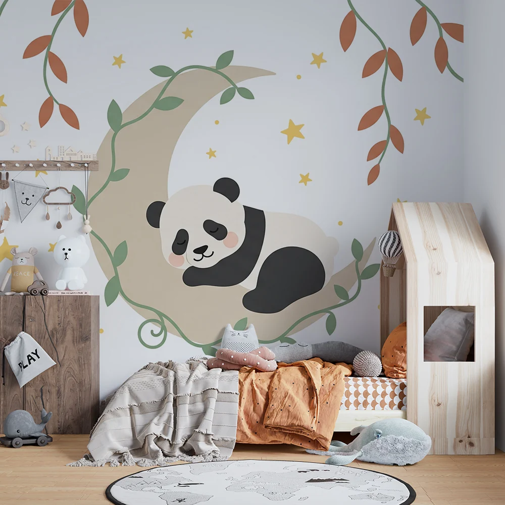 Tapety dla dzieci | Śpiący panda na księżycu z piękną roślinnością