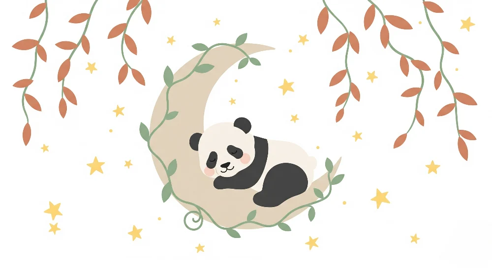 Tapety dla dzieci | Śpiący panda na księżycu z piękną roślinnością