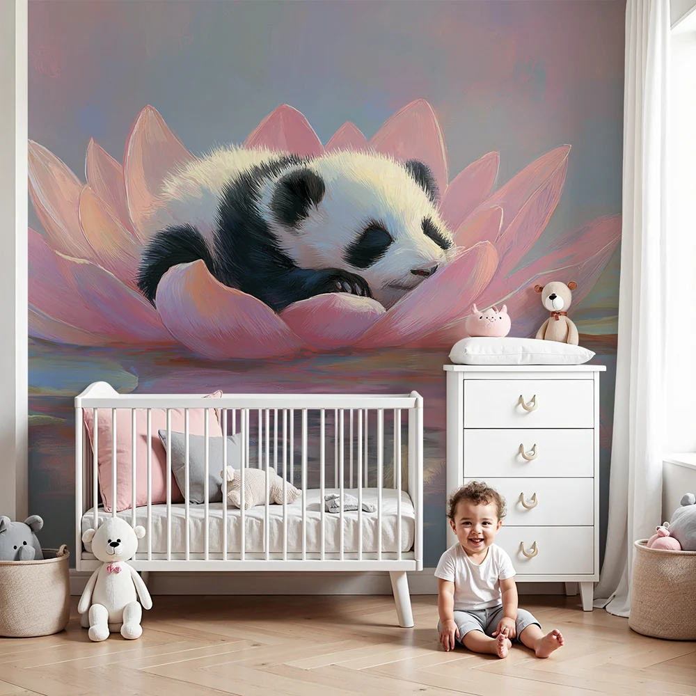 Tapety dla dzieci | Śpiący panda na kwiecie lotosu