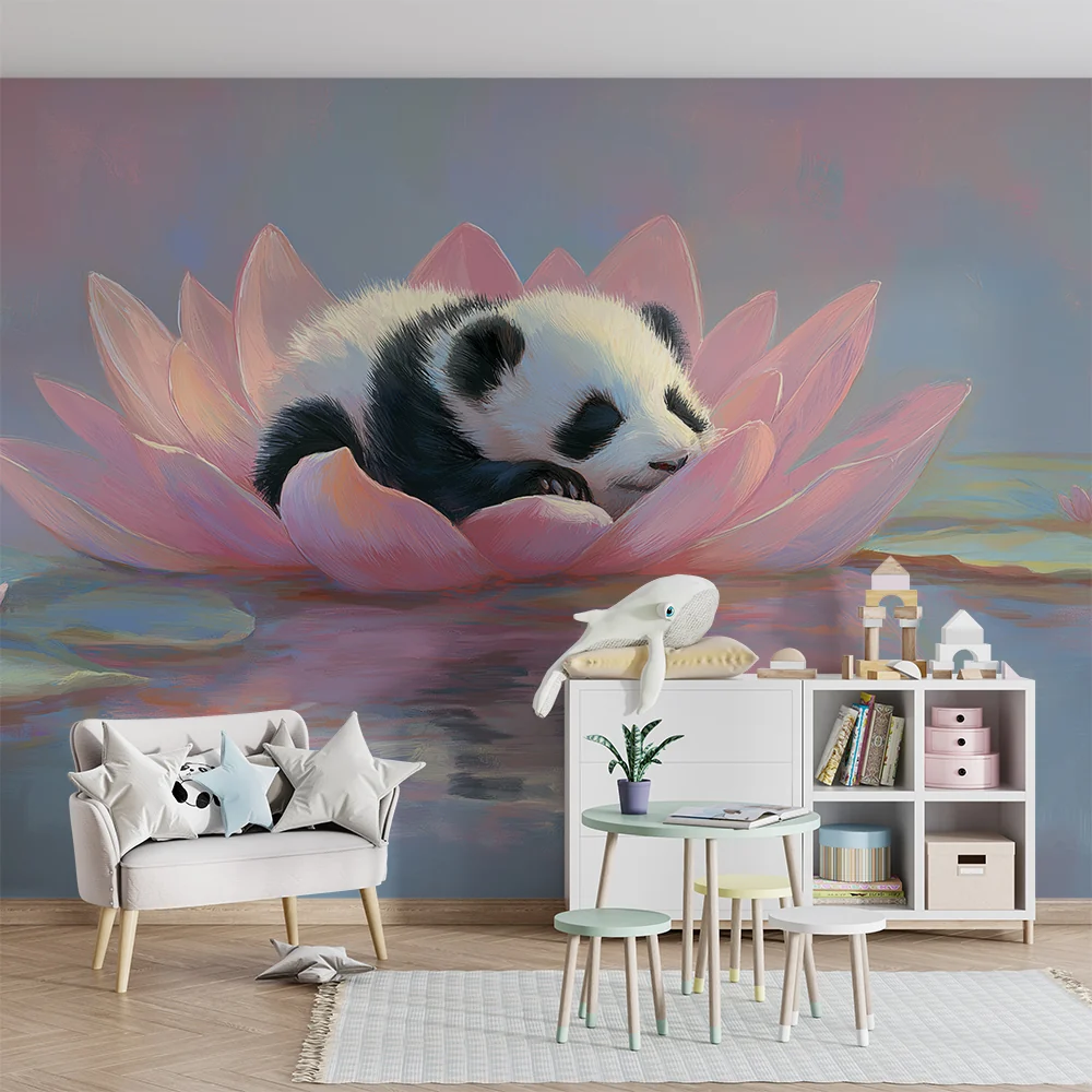 Tapety dla dzieci | Śpiący panda na kwiecie lotosu