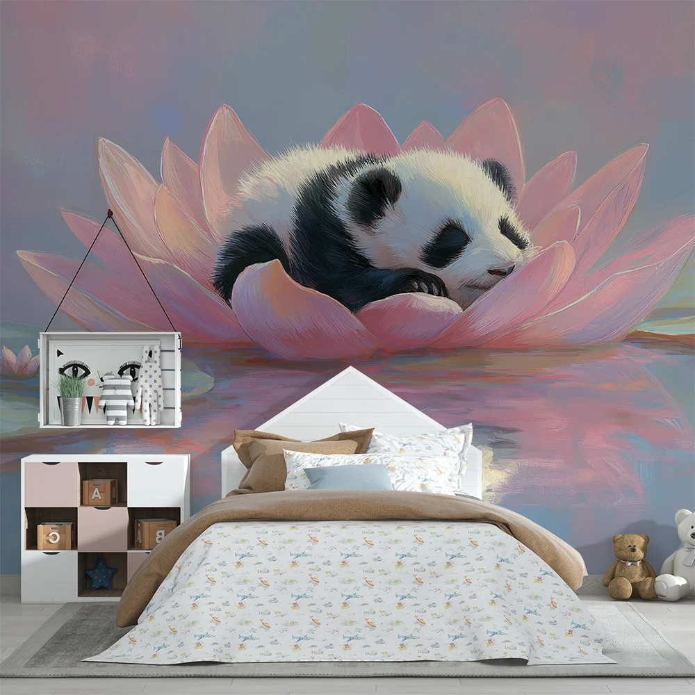 Tapety dla dzieci | Śpiący panda na kwiecie lotosu