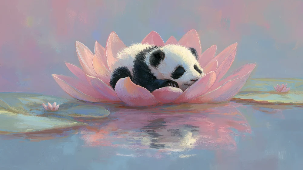 Tapety dla dzieci | Śpiący panda na kwiecie lotosu