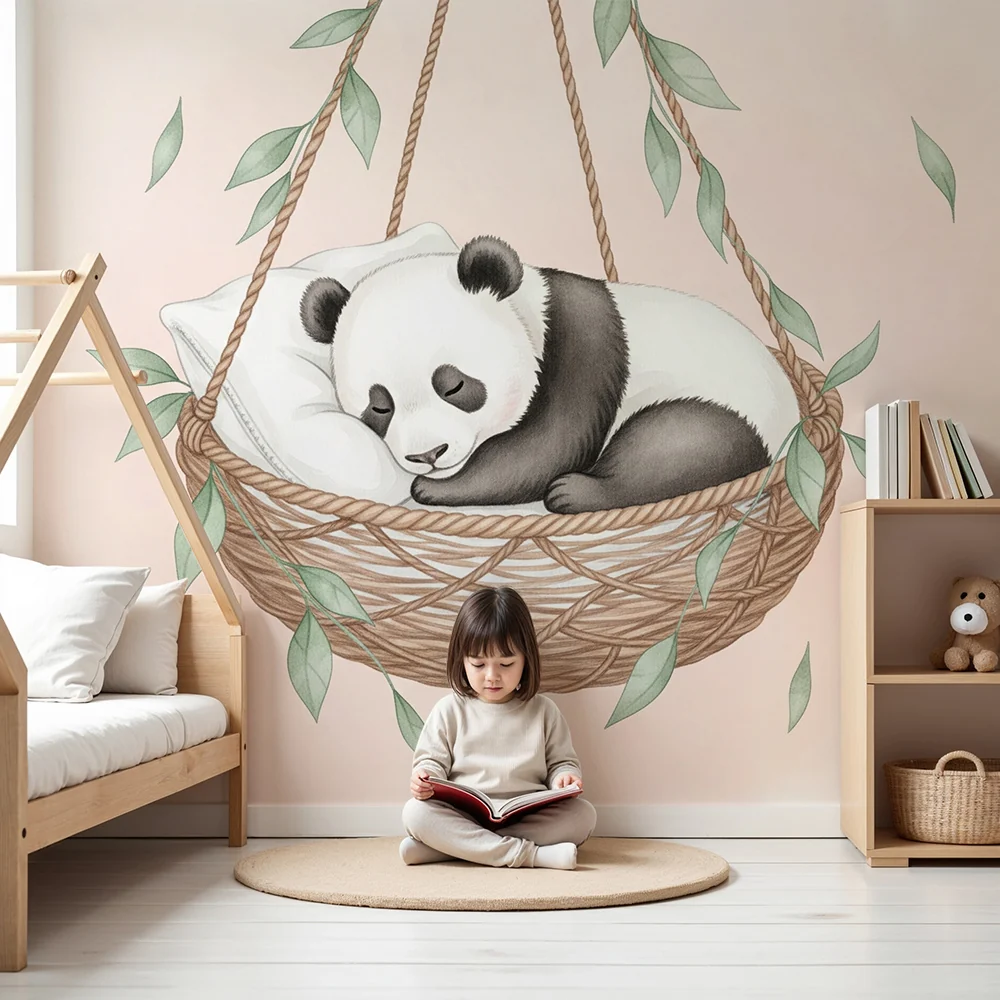 Tapety dla dzieci | Śpiący panda niemowlę w swoim koszyku
