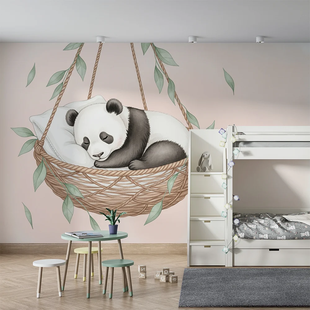 Tapety dla dzieci | Śpiący panda niemowlę w swoim koszyku