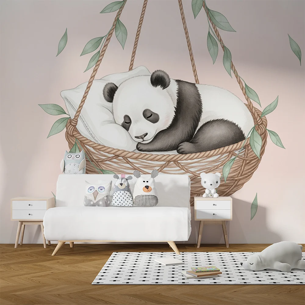 Tapety dla dzieci | Śpiący panda niemowlę w swoim koszyku