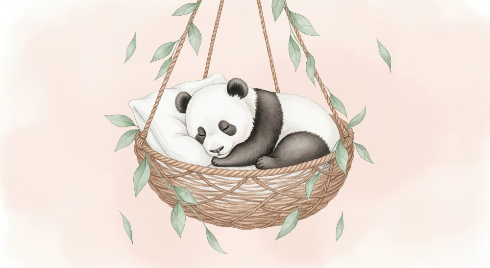 Tapety dla dzieci | Śpiący panda niemowlę w swoim koszyku