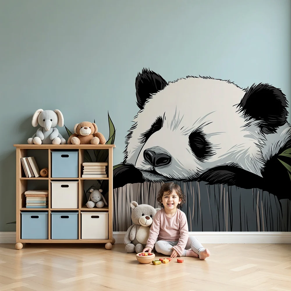 Tapety dla dzieci | Śpiący panda na pniu z liśćmi bambusa