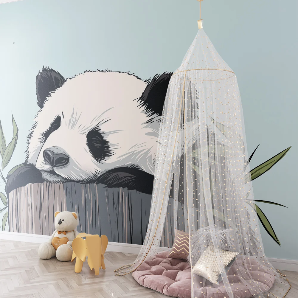 Tapety dla dzieci | Śpiący panda na pniu z liśćmi bambusa
