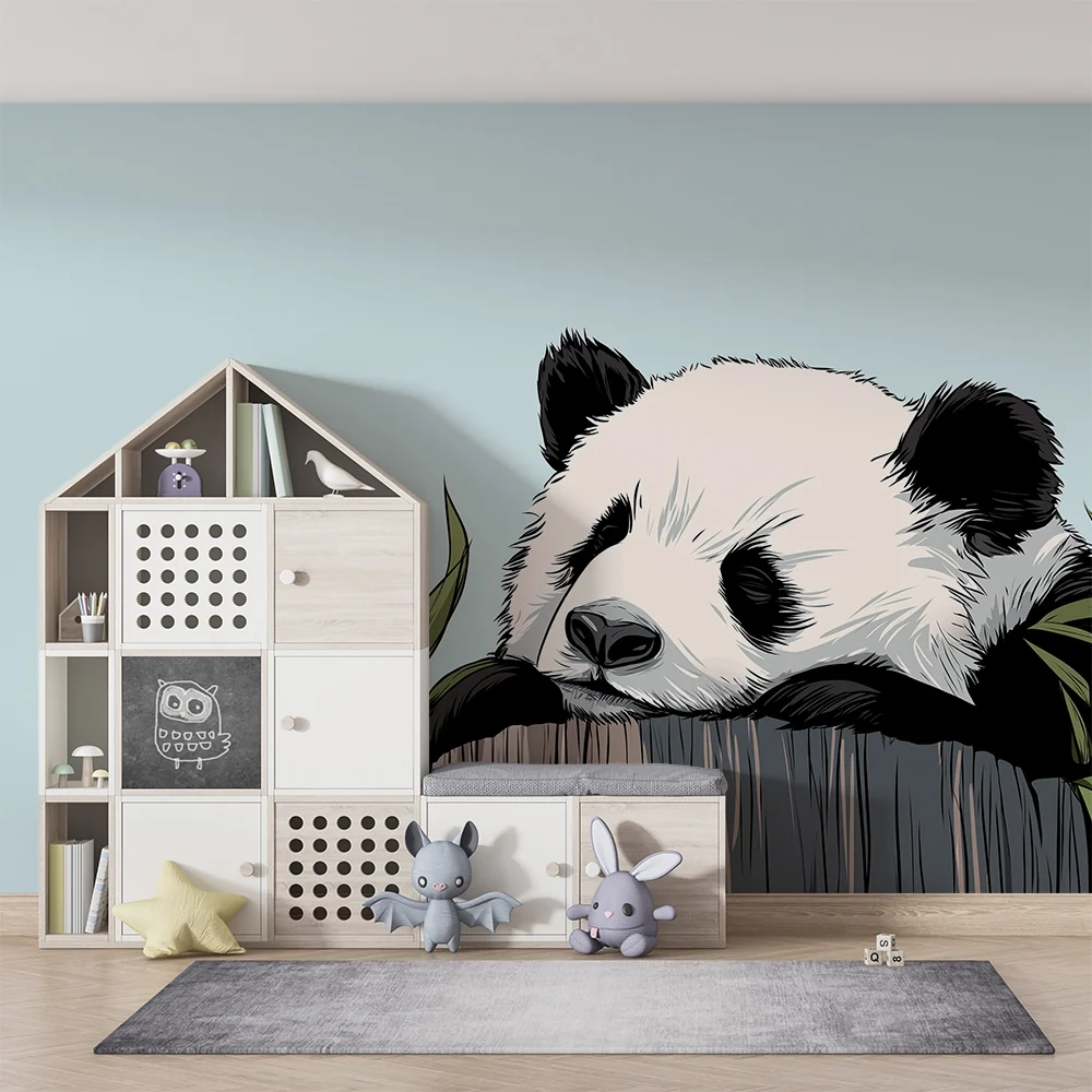 Tapety dla dzieci | Śpiący panda na pniu z liśćmi bambusa