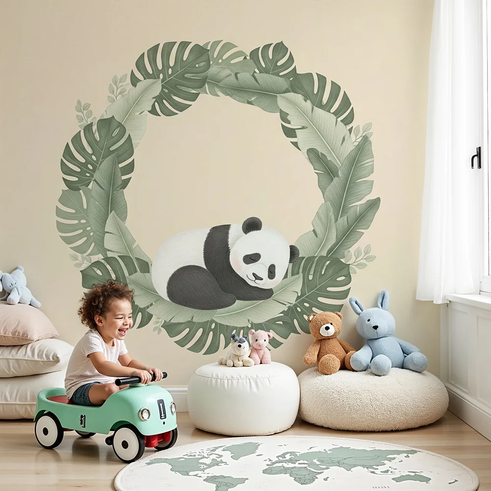 Tapety dla dzieci | Śpiący panda w ramce liści