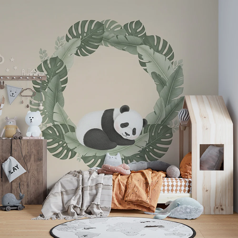 Tapety dla dzieci | Śpiący panda w ramce liści