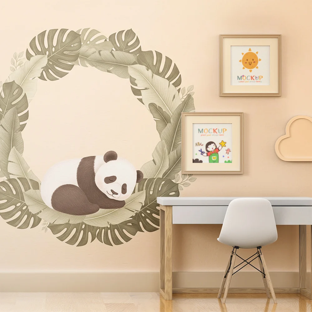 Tapety dla dzieci | Śpiący panda w ramce liści