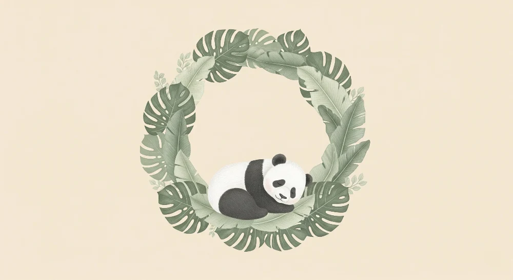 Tapety dla dzieci | Śpiący panda w ramce liści
