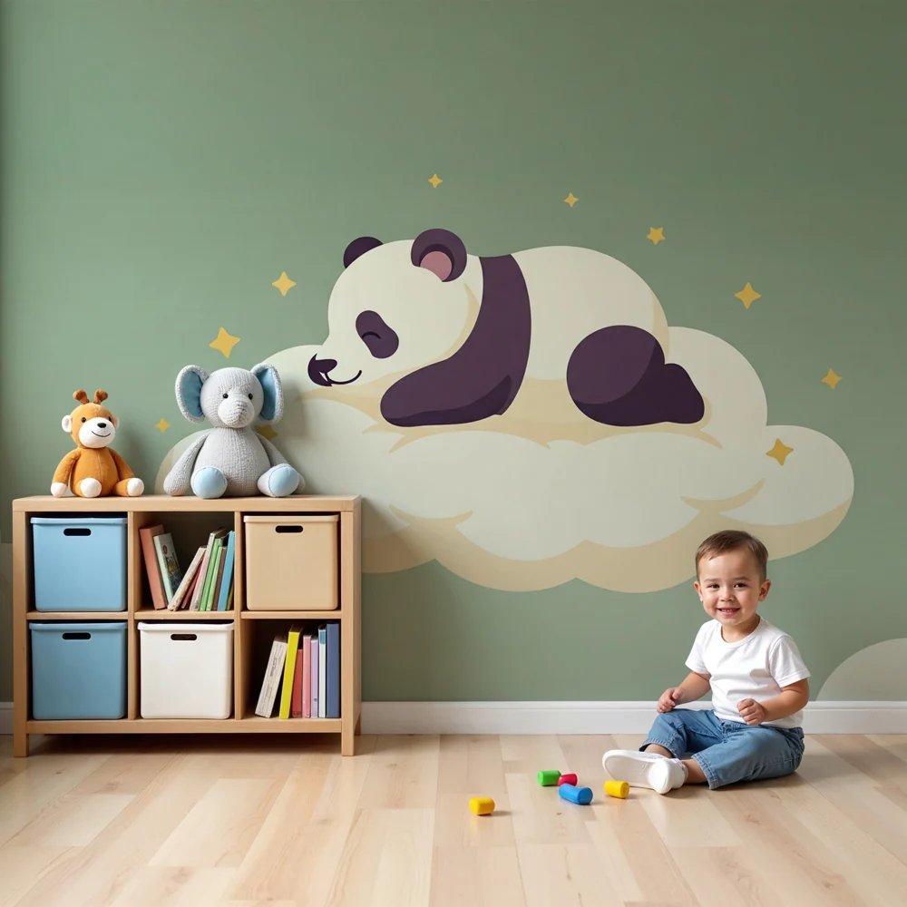 Tapety dla dzieci | Śpiący panda na zielonym tle szałwiowym chmurze
