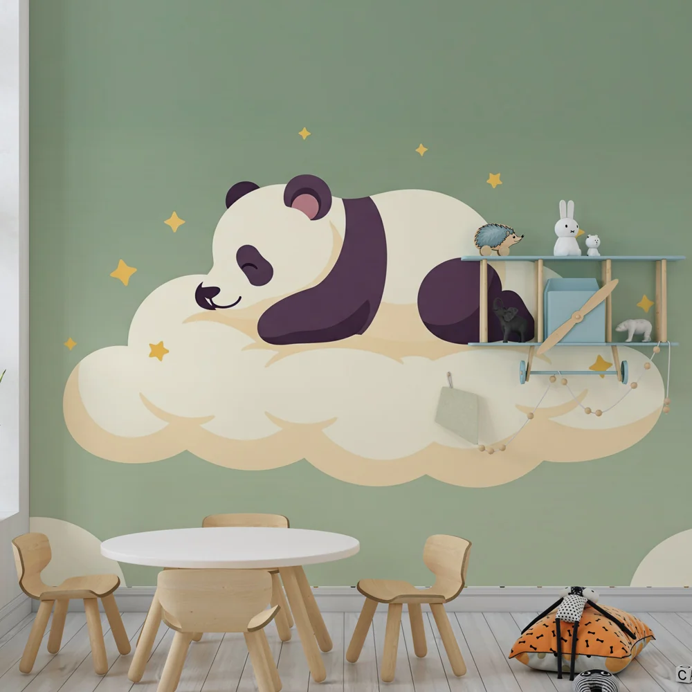 Tapety dla dzieci | Śpiący panda na zielonym tle szałwiowym chmurze