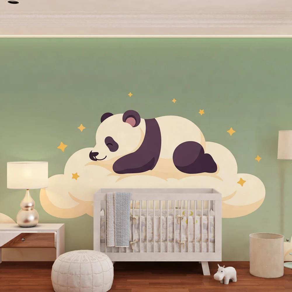 Tapety dla dzieci | Śpiący panda na zielonym tle szałwiowym chmurze