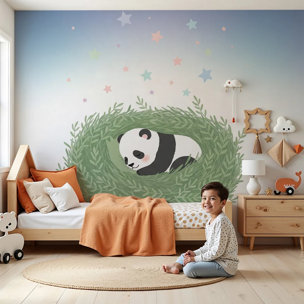 Tapety dla dzieci | Śpiący panda w zielonym gnieździe