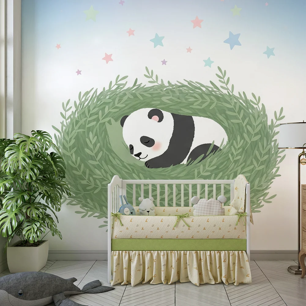 Tapety dla dzieci | Śpiący panda w zielonym gnieździe