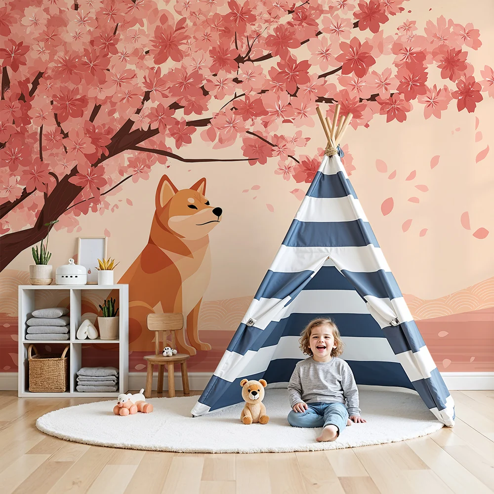 Tapety dla dzieci | Pies rasy Shiba Inu pod kwitnącą wiśnią