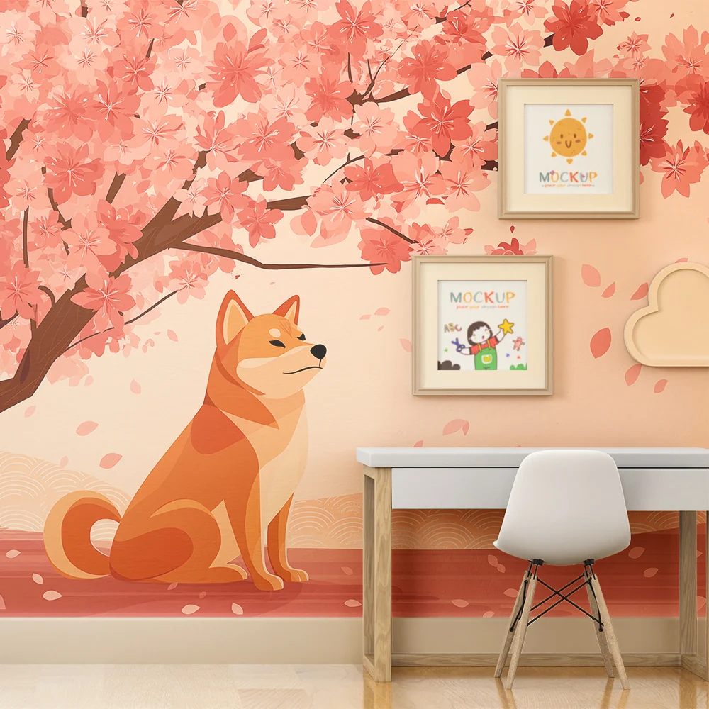 Tapety dla dzieci | Pies rasy Shiba Inu pod kwitnącą wiśnią