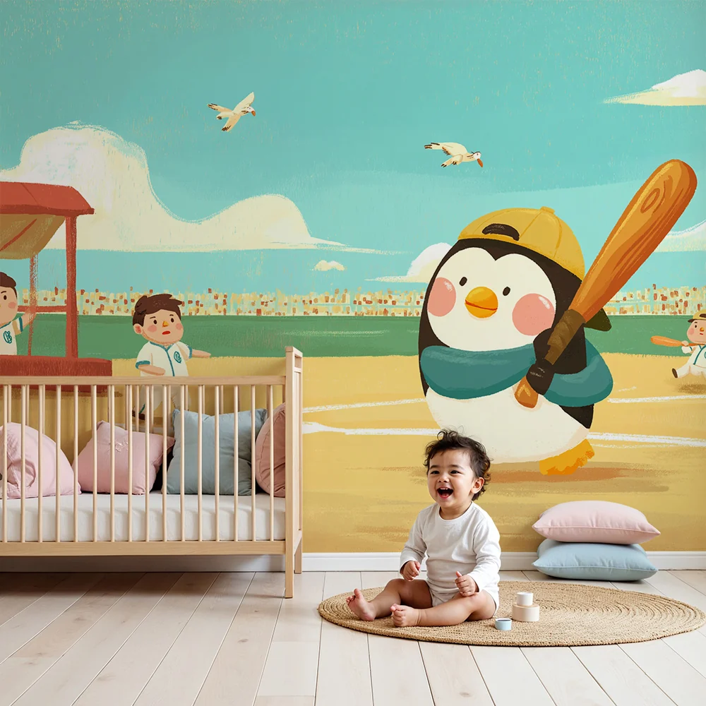 Tapety dla dzieci | Pingwin grający w baseball na słonecznym boisku