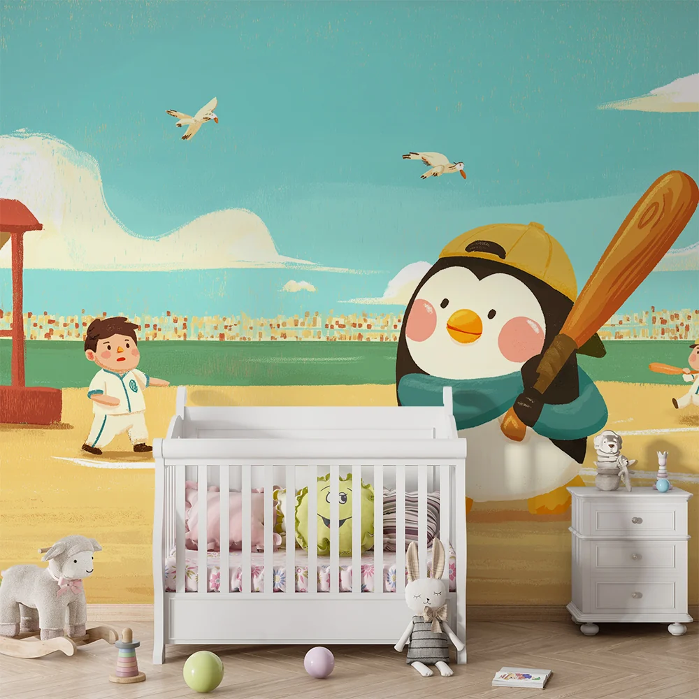 Tapety dla dzieci | Pingwin grający w baseball na słonecznym boisku