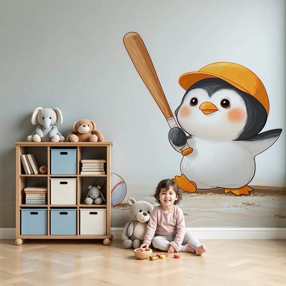 Tapety dla dzieci | Pingwin grający w baseball na placu zabaw
