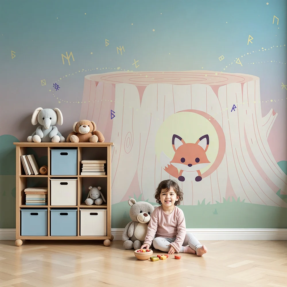Tapety dla dzieci | Psotliwy lis i magiczna drzewna pień pod pastelowym niebem