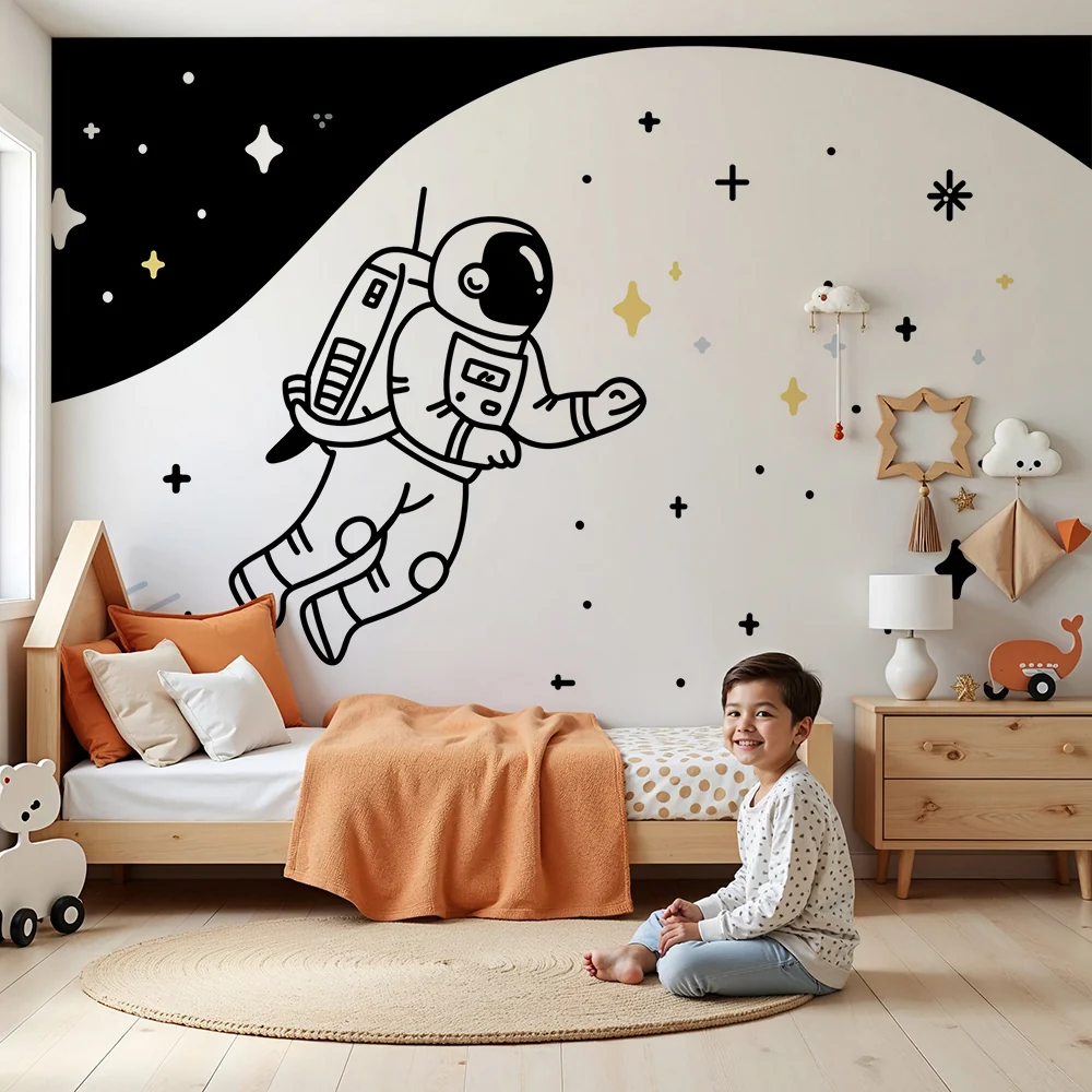 Tapety dla dzieci | Pływający astronauta w czarno-białej kosmicznej przestrzeni gwiazdnej