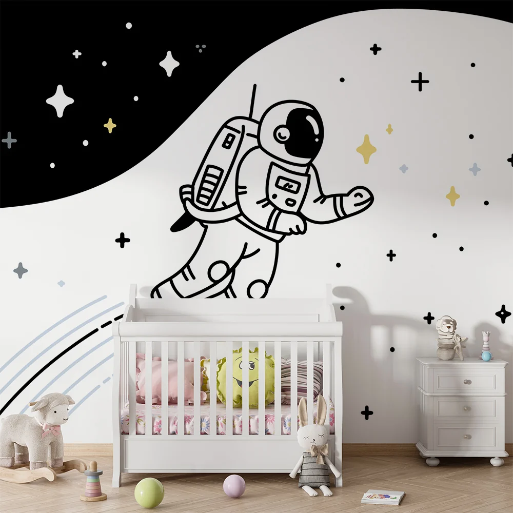 Tapety dla dzieci | Pływający astronauta w czarno-białej kosmicznej przestrzeni gwiazdnej