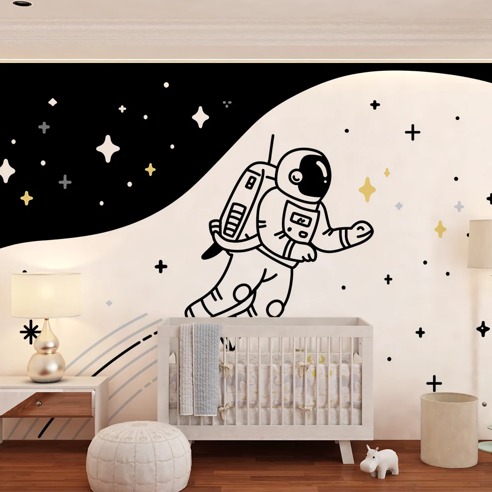 Tapety dla dzieci | Pływający astronauta w czarno-białej kosmicznej przestrzeni gwiazdnej