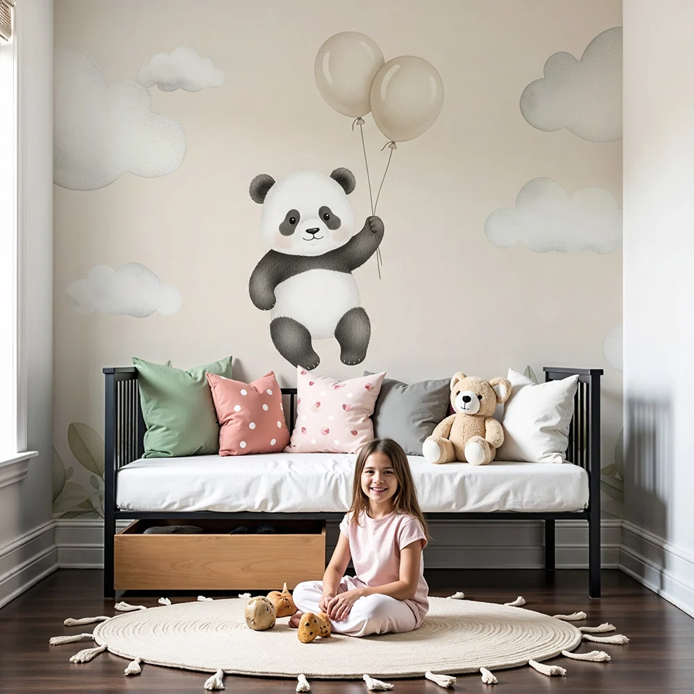 Tapety dla dzieci | Pływający panda z balonami i chmurami