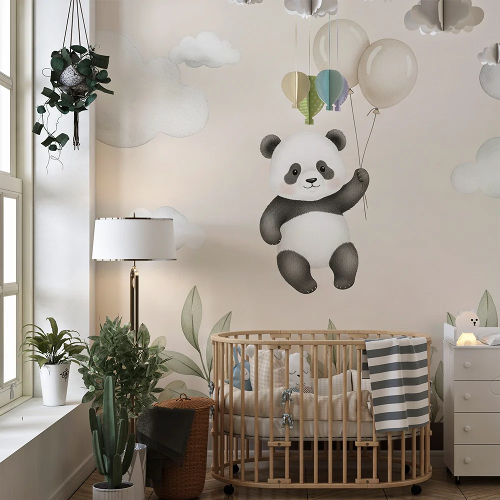Tapety dla dzieci | Pływający panda z balonami i chmurami