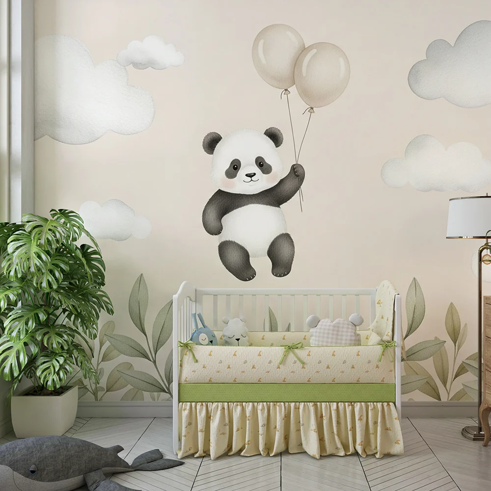 Tapety dla dzieci | Pływający panda z balonami i chmurami