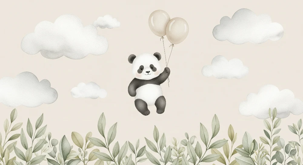 Tapety dla dzieci | Pływający panda z balonami i chmurami