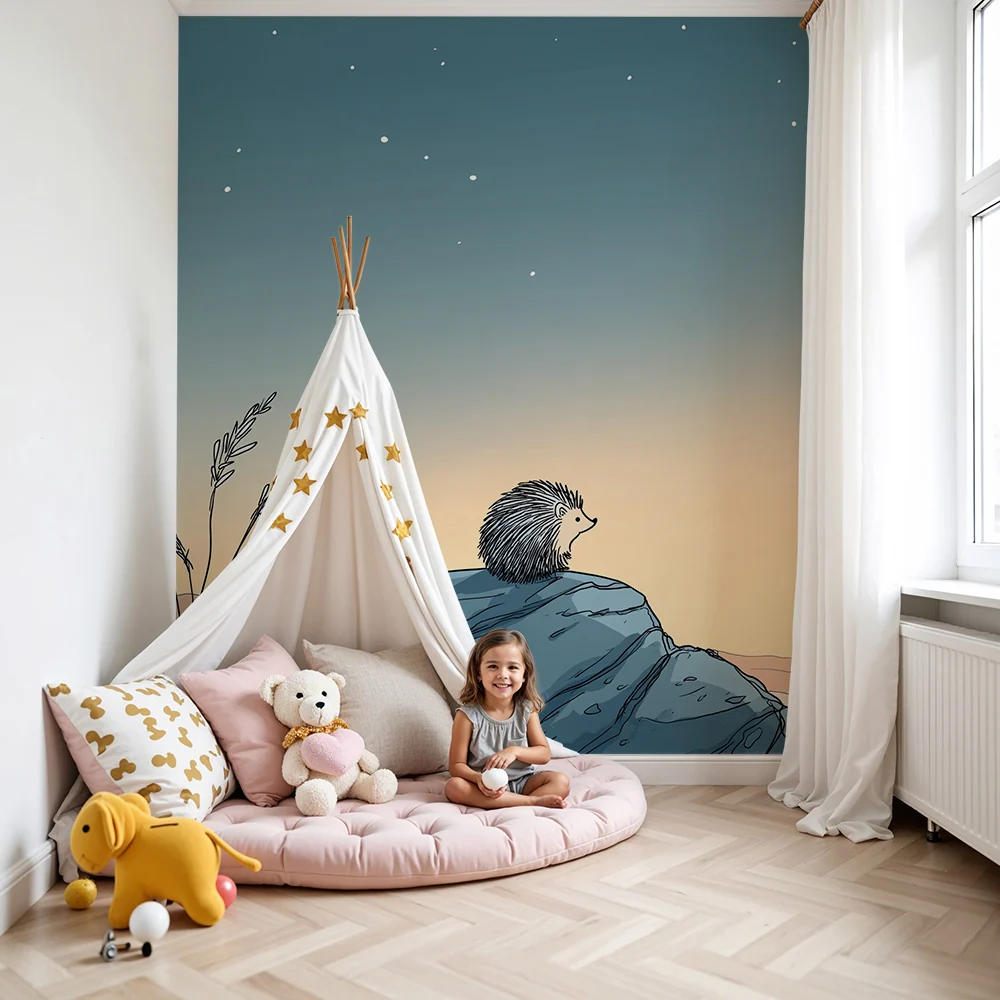 Tapety dla dzieci | Refleksyjny jeż pod gwiaździstym niebem