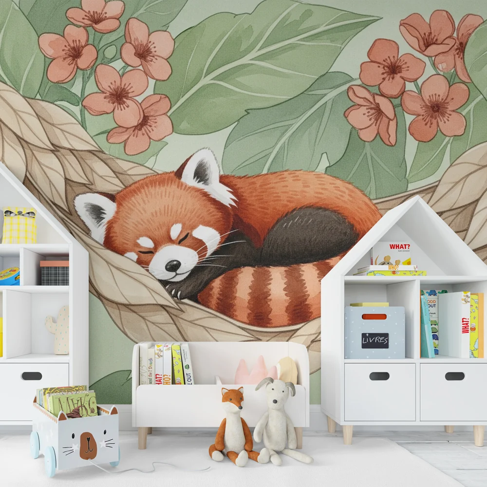 Tapety dla dzieci | Senny czerwony panda pośród kwiatów