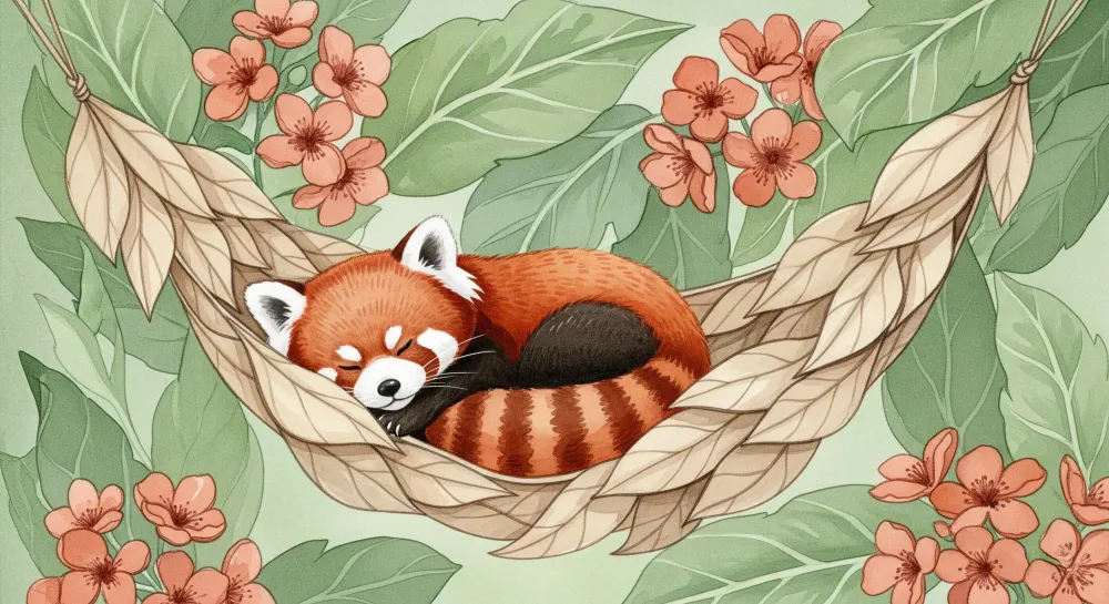 Tapety dla dzieci | Senny czerwony panda pośród kwiatów