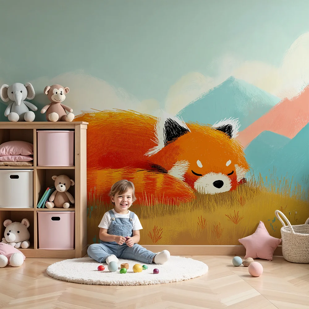 Tapety dla dzieci | Senny rude panda pośród pastelowych gór