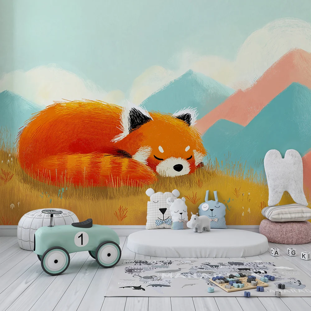 Tapety dla dzieci | Senny rude panda pośród pastelowych gór