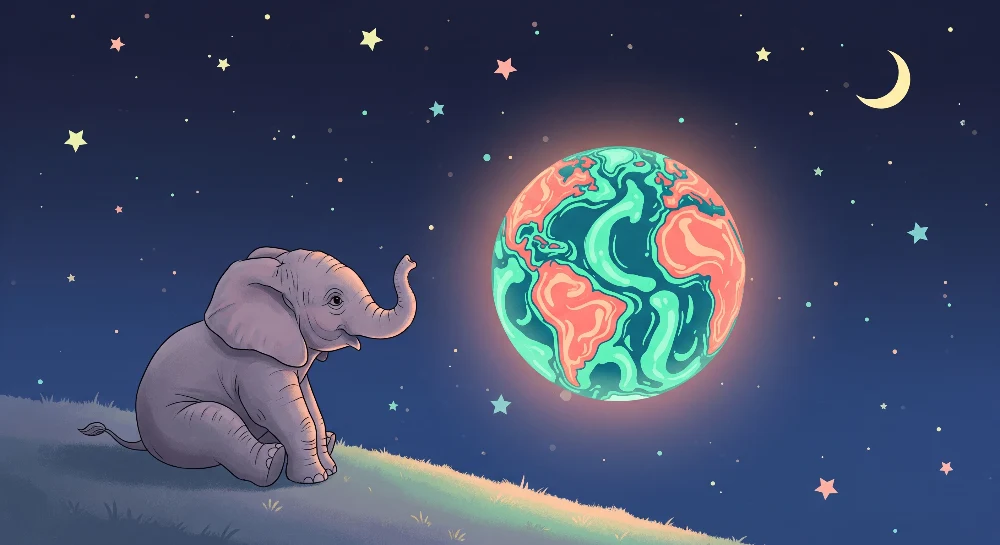Tapety dla dzieci | Senny słonik pod gwiazdami i kolorową planetą