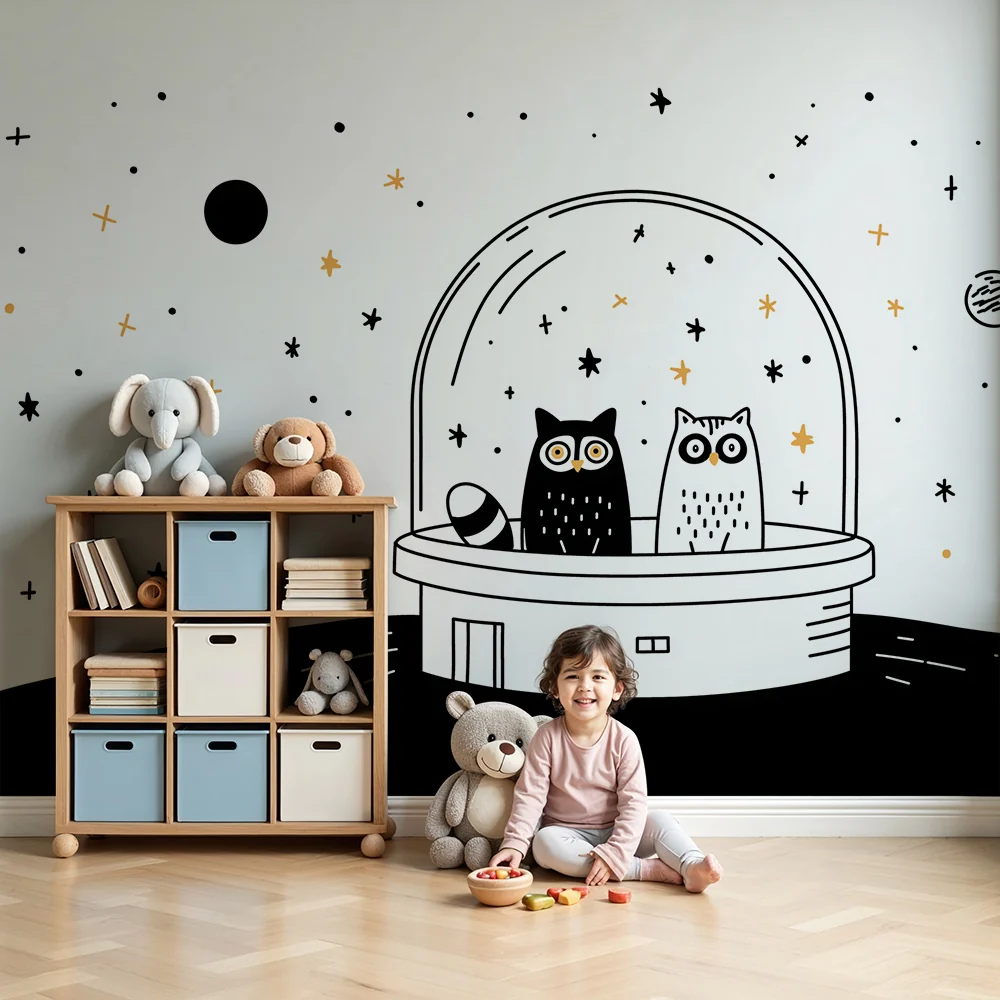 Tapety dla dzieci | Sowy w bańce ze gwiazdami i planetami