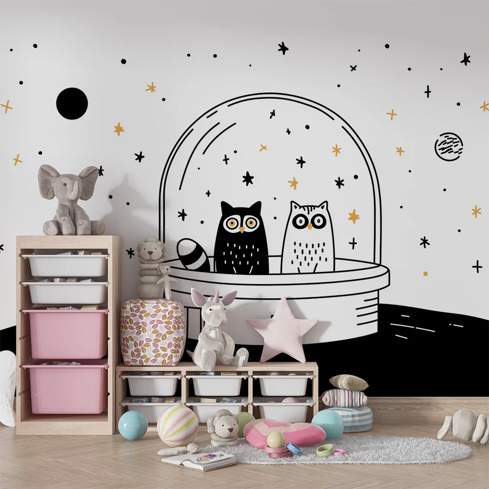 Tapety dla dzieci | Sowy w bańce ze gwiazdami i planetami