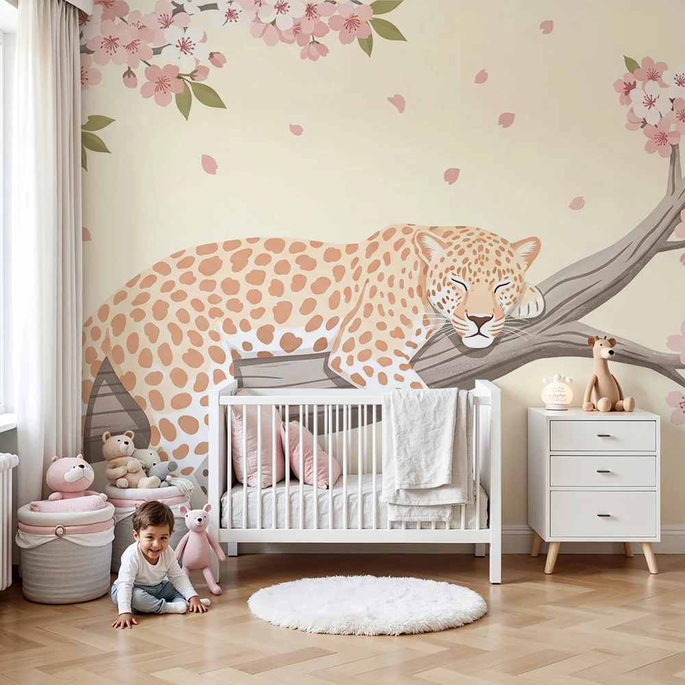 Tapety dla dzieci | Spokojny leopard pod kwitnącymi wiśniami