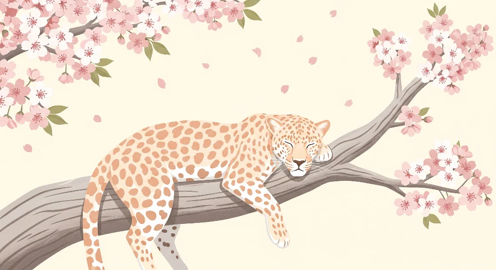 Tapety dla dzieci | Spokojny leopard pod kwitnącymi wiśniami