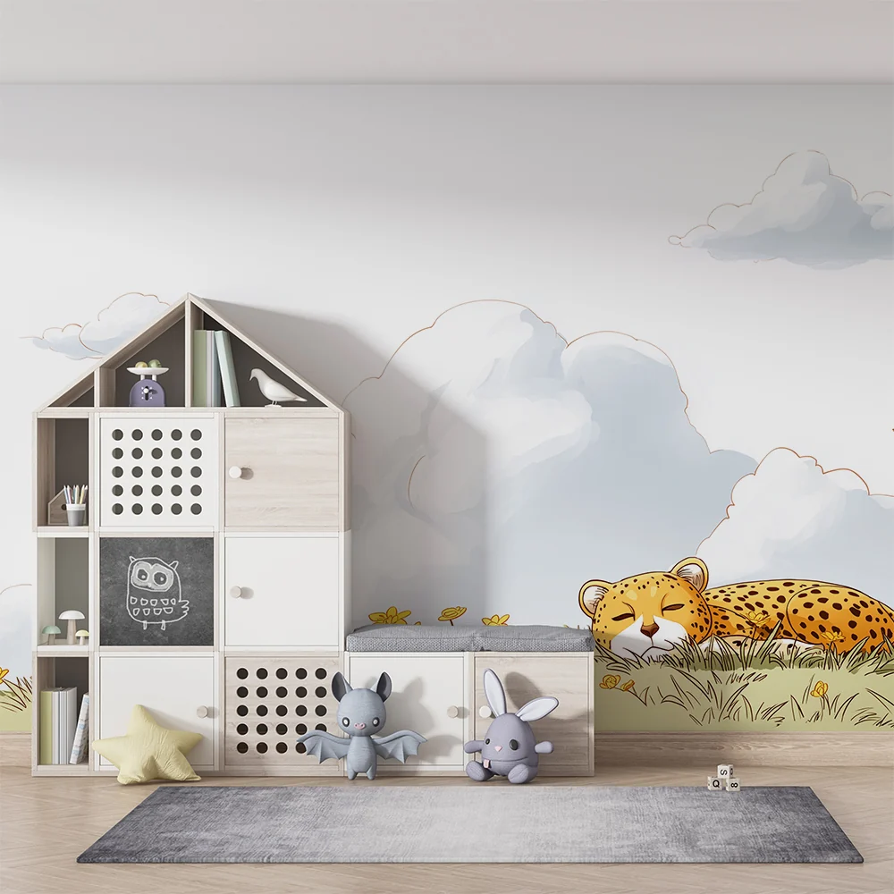 Tapety dla dzieci | Spokojny leopard pośród żółtych kwiatów