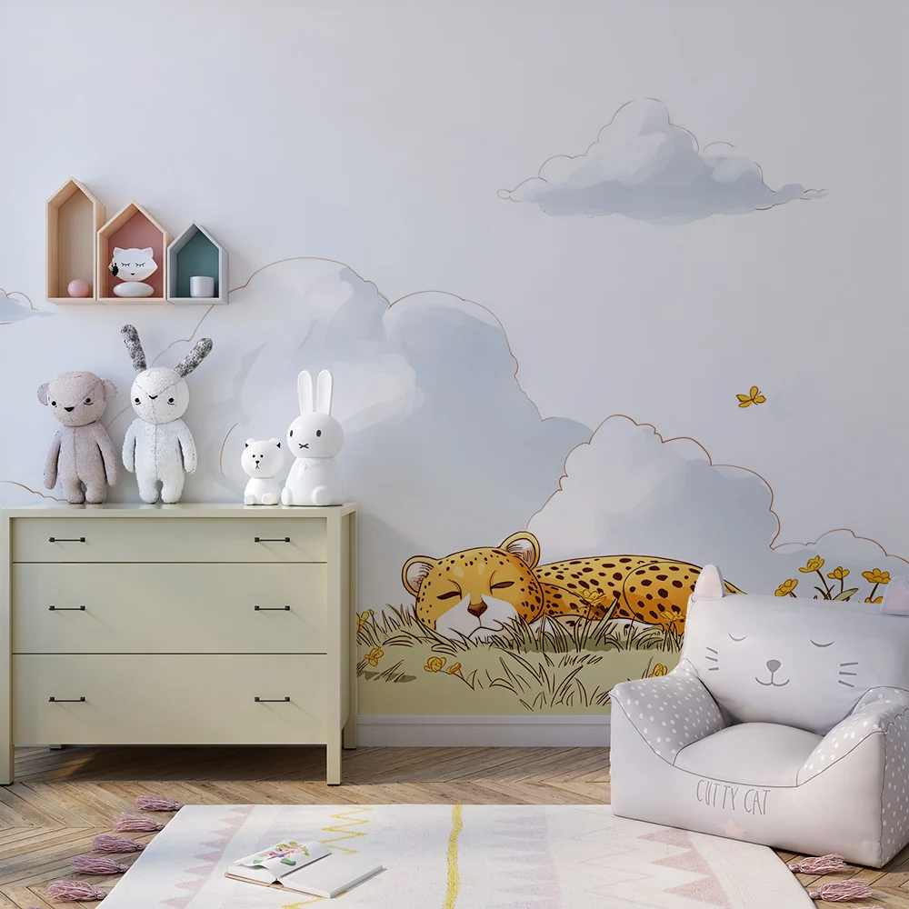 Tapety dla dzieci | Spokojny leopard pośród żółtych kwiatów