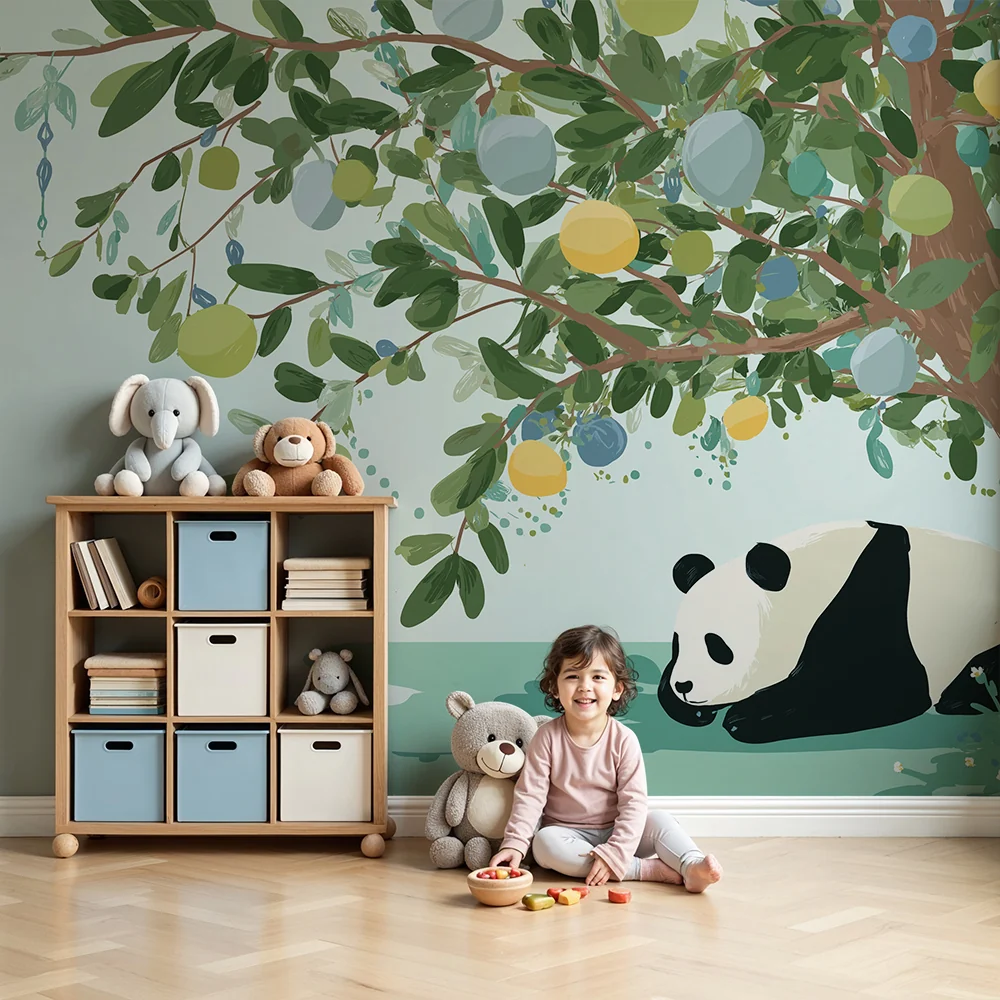 Tapety dla dzieci | Spokojny panda pod kolorowym drzewem owocowym