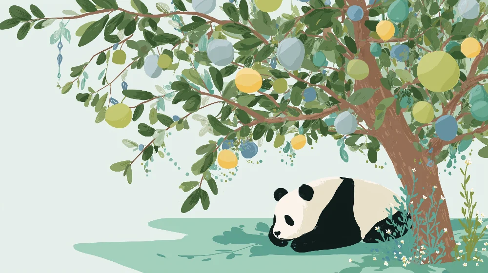 Tapety dla dzieci | Spokojny panda pod kolorowym drzewem owocowym
